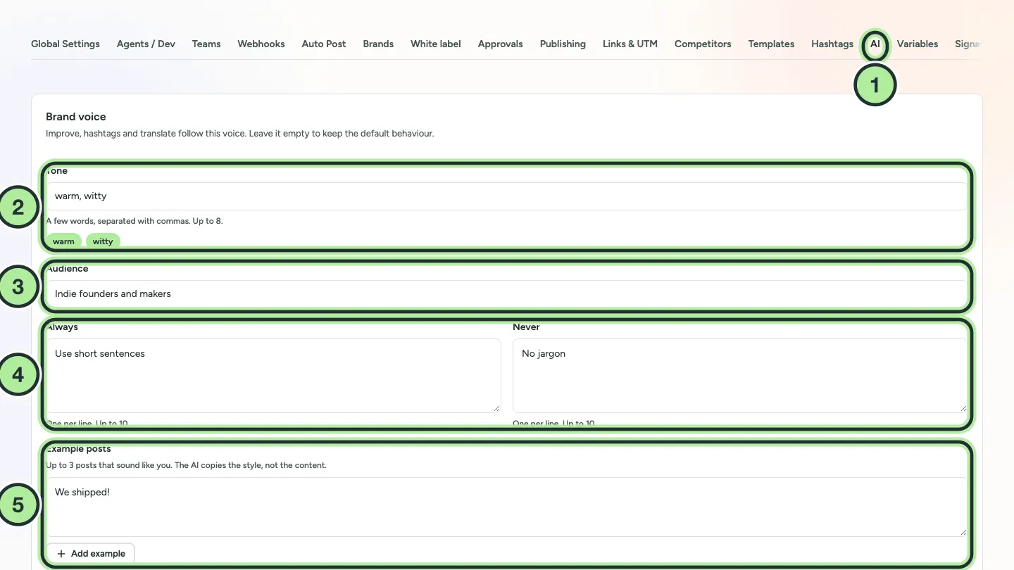 Settings, AI tab with the Brand voice card: Tone, Audience, Always, Never and Example posts.