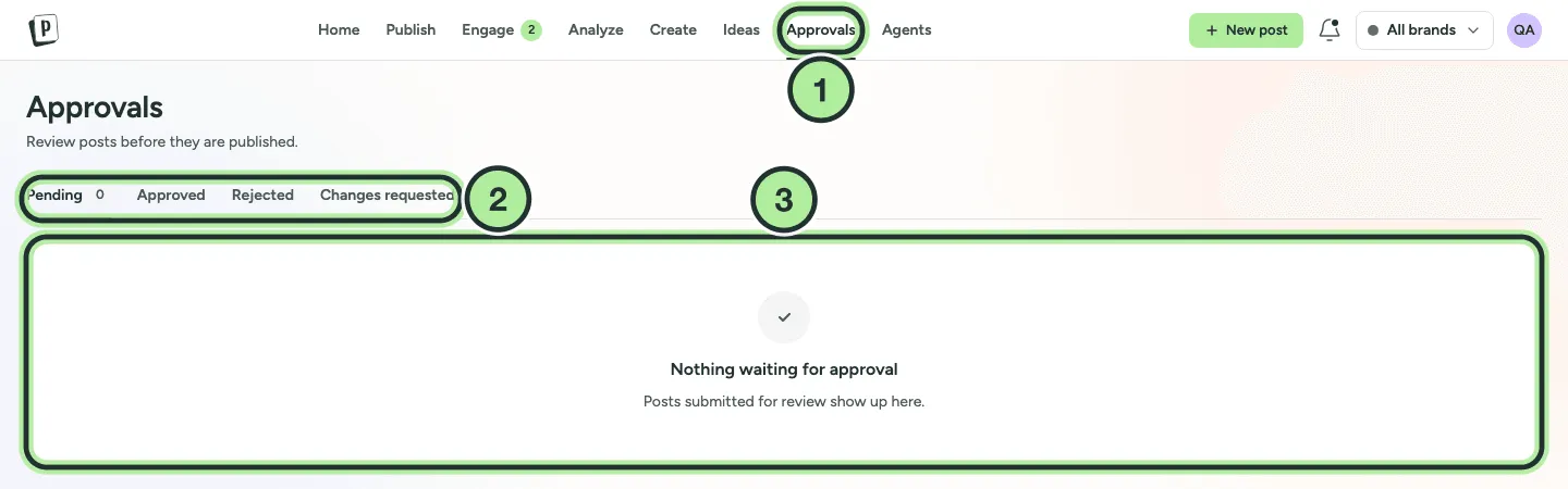 The Approvals page with Pending, Approved, Rejected and Changes requested tabs and an empty pending list.