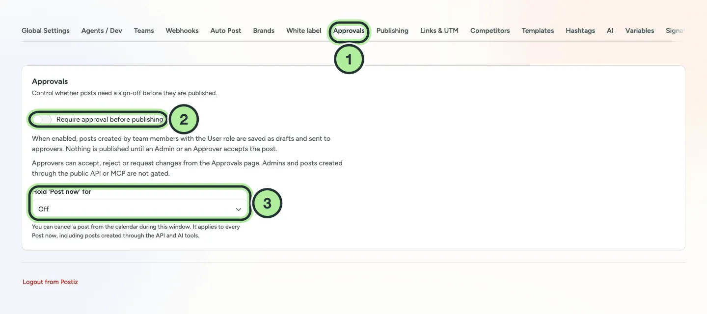 Settings, Approvals tab with the Require approval before publishing switch and the Hold Post now for selector.