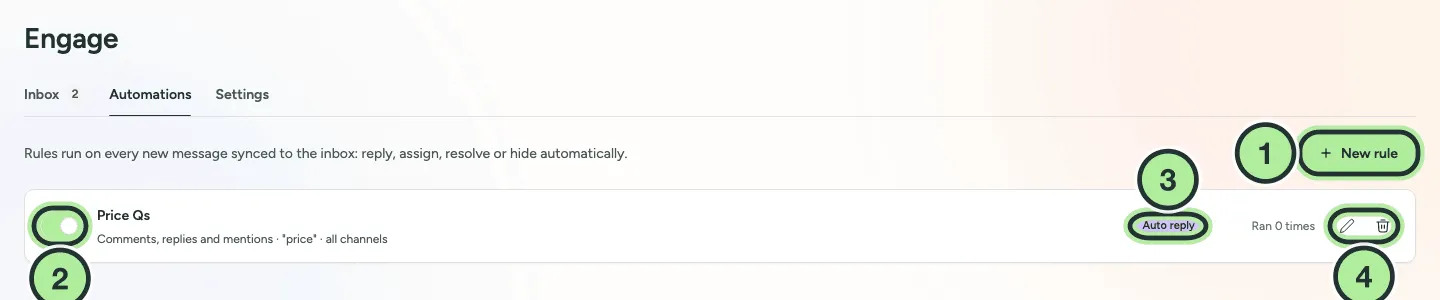 Engage, Automations tab with one active auto-reply rule and the New rule button.