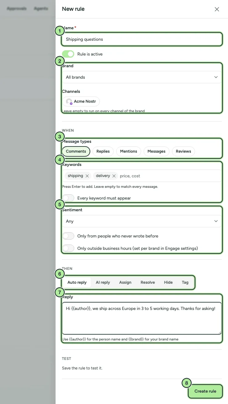 The New rule panel with name, brand and channels, the When conditions, the Then actions and an auto-reply text.