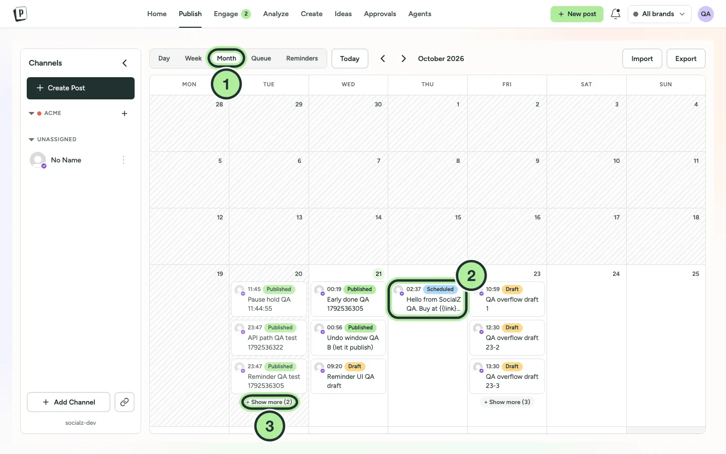 The Month view of October with posts on several days and a Show more link on busy days.