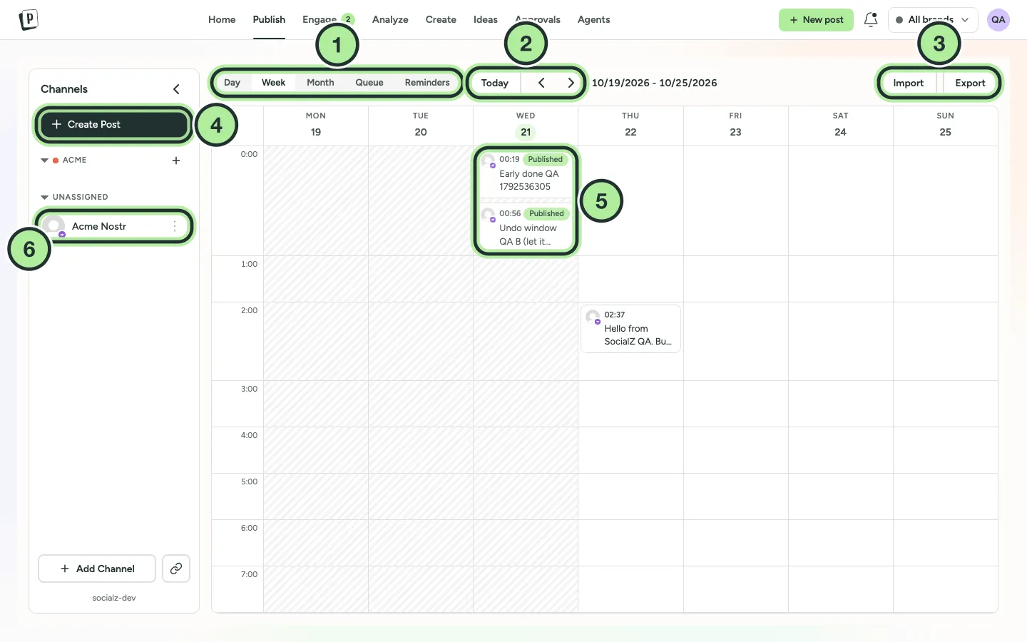The Publish page in Week view, with the channel list on the left and posts in their time slots.