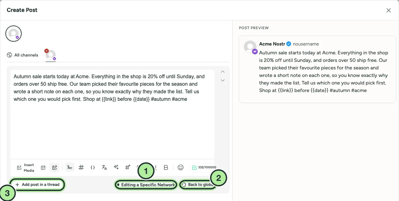 The composer editing one channel's own version, with Editing a Specific Network and Back to global under the editor.