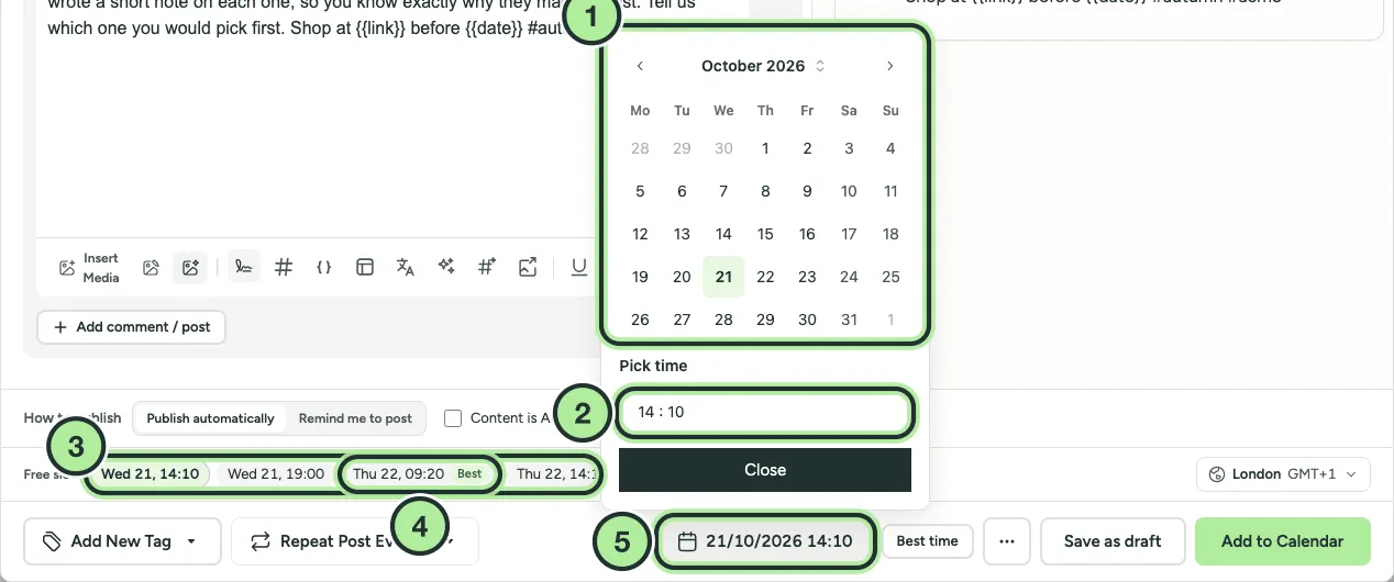 The date picker open above the scheduling bar, with a month calendar, a time field and the free slot chips.