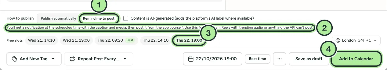 The bottom of the composer with Remind me to post selected, its explanation, a chosen free slot and the Add to Calendar button.