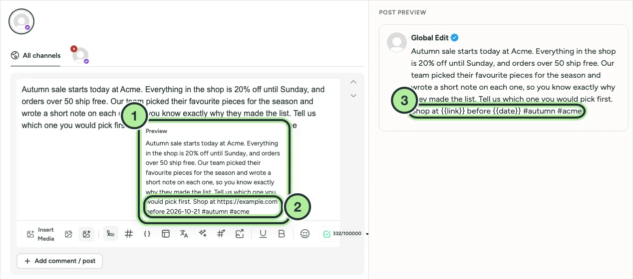 The variables preview showing the post with the link and date filled in, while the post preview still shows the placeholders.
