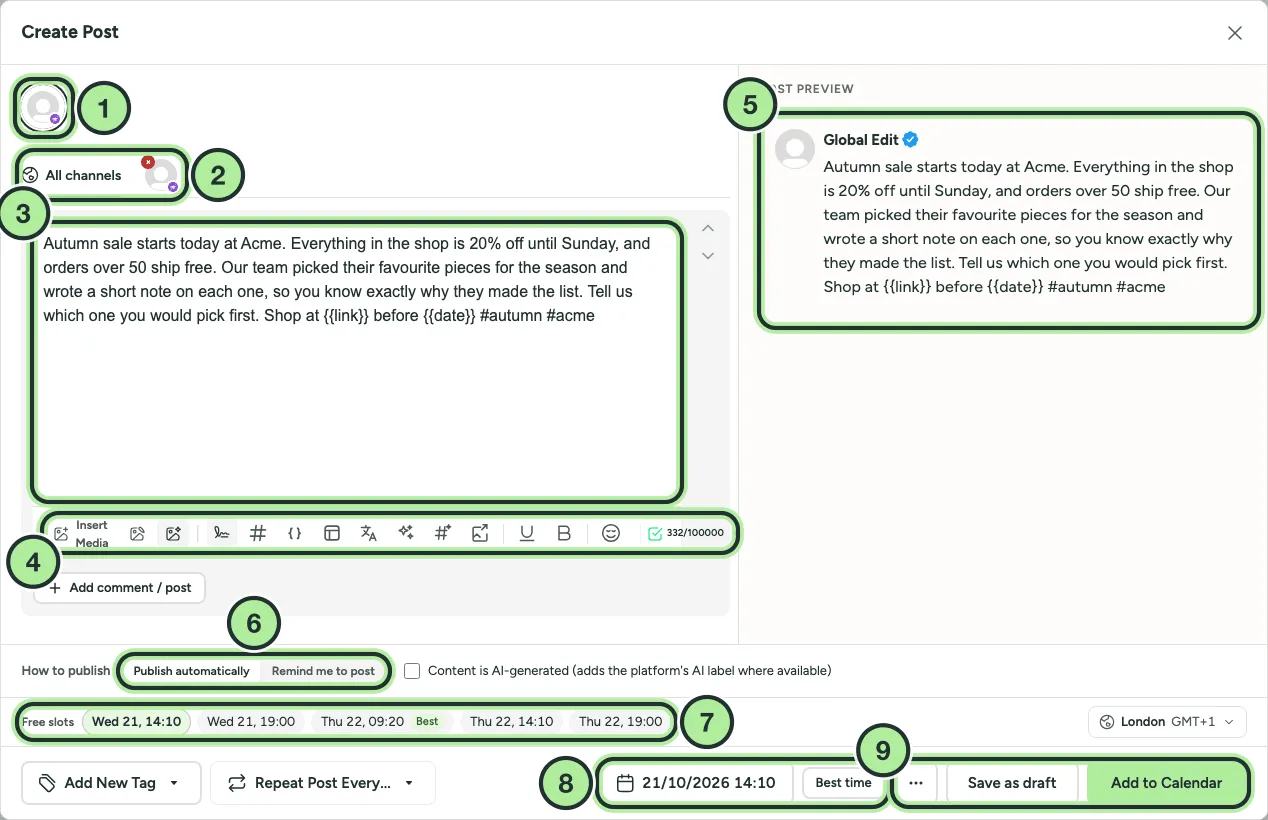 The Create Post composer with one channel selected, post text in the editor, the preview on the right and the scheduling bar at the bottom.