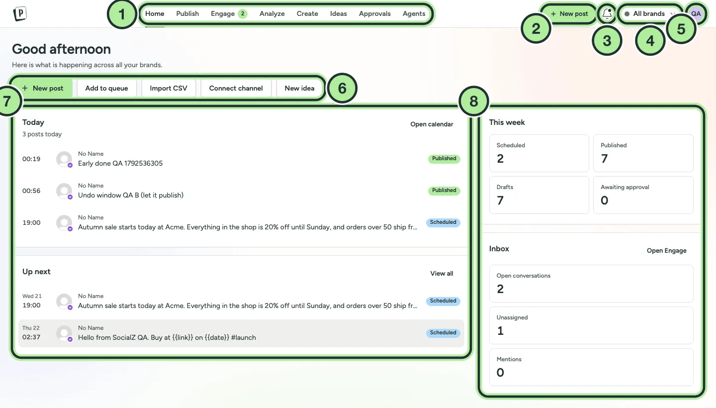 The PostNimbo Home page: top navigation, quick actions, today's posts, up next, this week's numbers and the inbox summary.