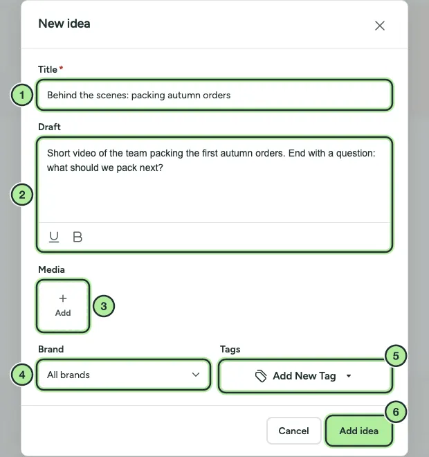 The New idea dialog with Title, Draft, Media, Brand and Tags fields and an Add idea button.