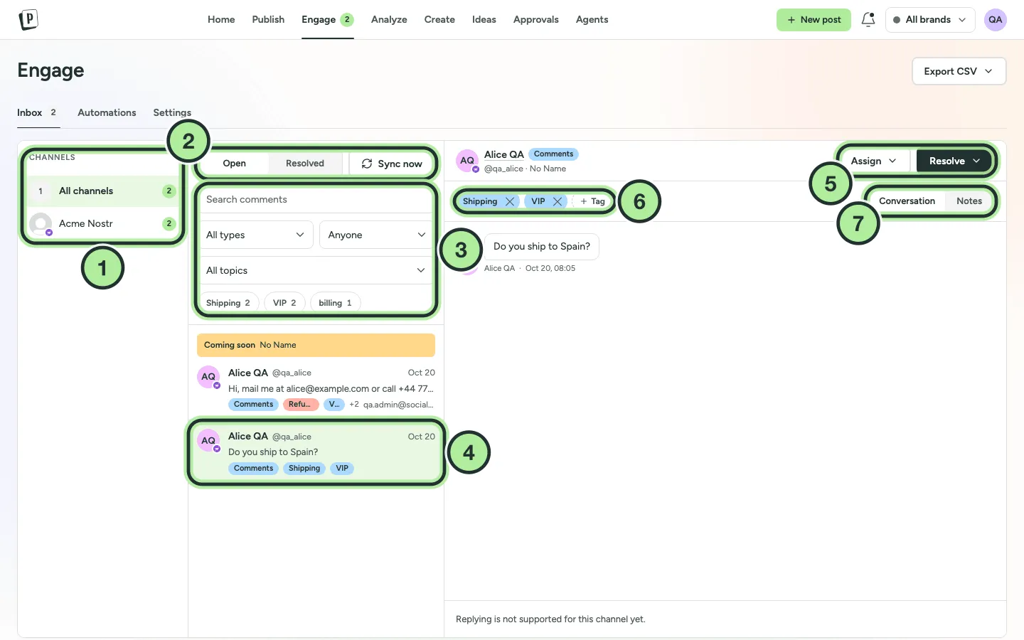 The Engage inbox with the channel list, filters, the conversation list and an open conversation with tags.