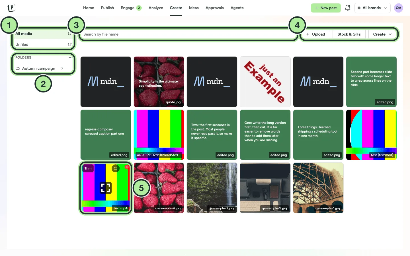 The media library under Create: All media and Unfiled on the left, a folder, the search bar, upload buttons and a grid of images and videos.