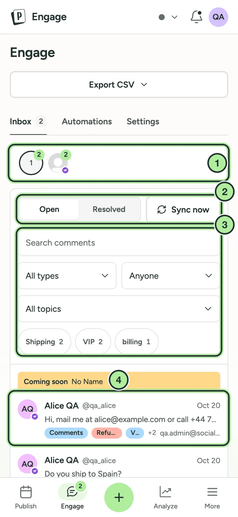 The Engage inbox on a phone with channel avatars, Open and Resolved, Sync now, filters and the conversation list.