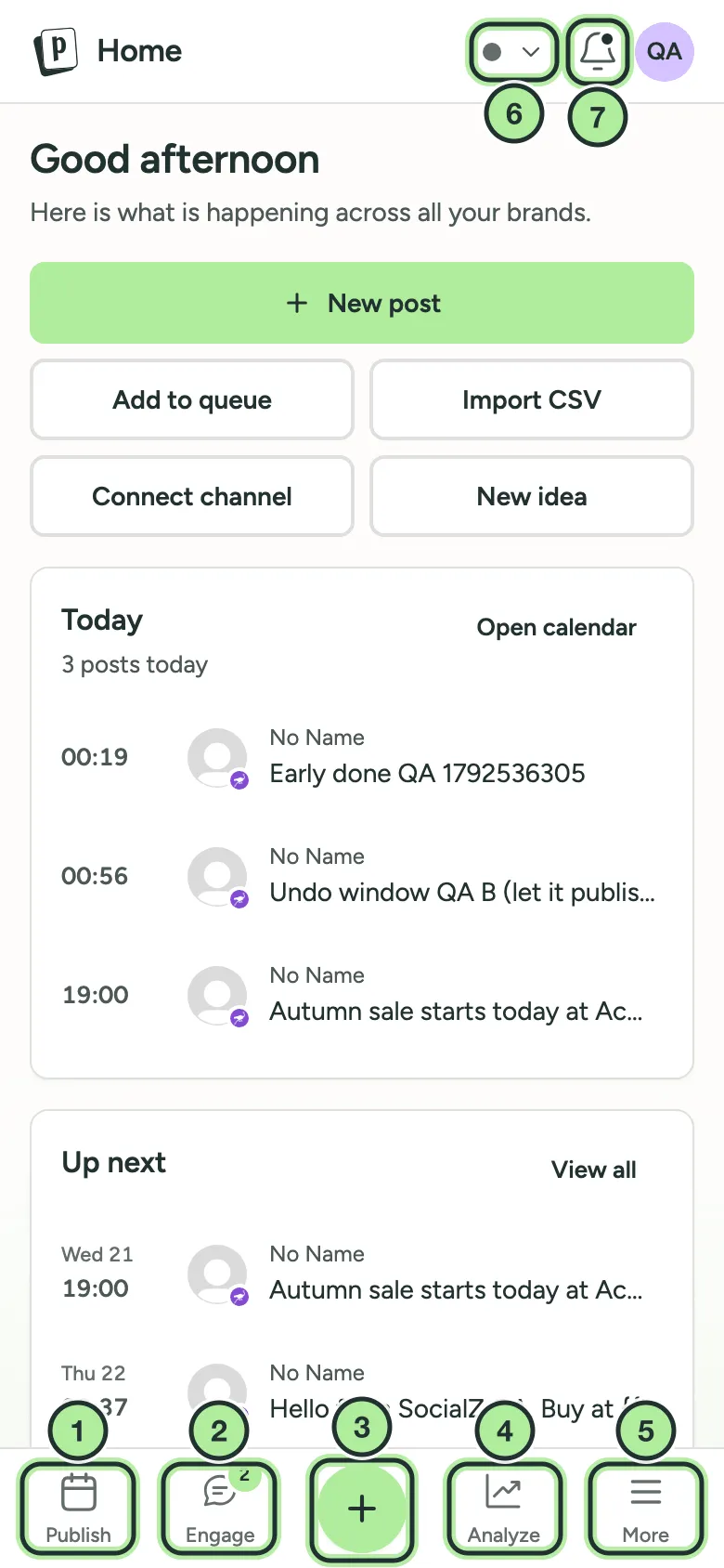 PostNimbo Home on a phone, with the brand switcher and bell at the top and the tab bar at the bottom.