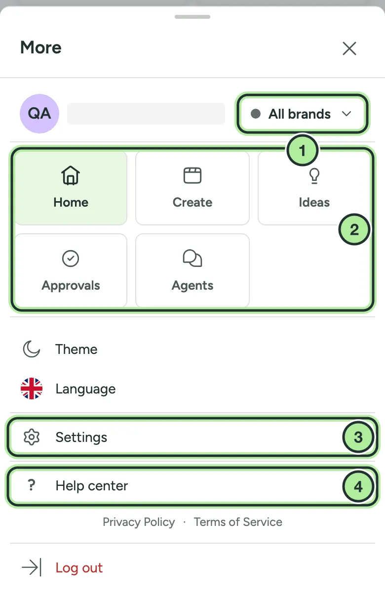 The More sheet on a phone with the brand switcher, shortcuts to Home, Create, Ideas, Approvals and Agents, and Settings and Help center rows.