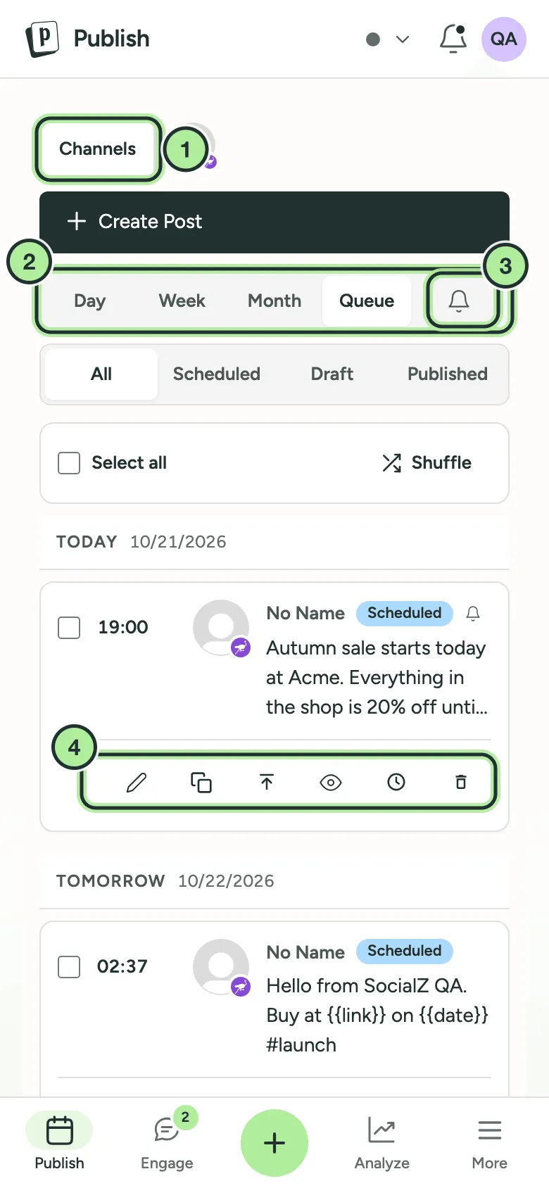 The Publish page on a phone in Queue view, with the Channels button, the view switcher with a bell for Reminders, and a queued post with its actions.