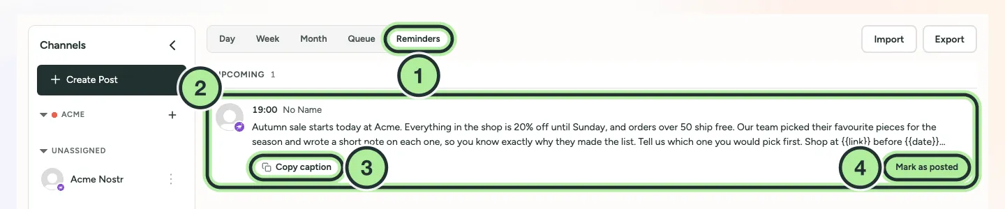 Publish, Reminders view with one upcoming reminder, its caption, a Copy caption button and a Mark as posted button.