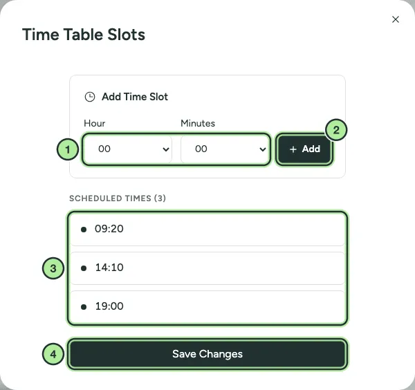 The Time Table Slots dialog with hour and minute pickers, an Add button and three scheduled times.