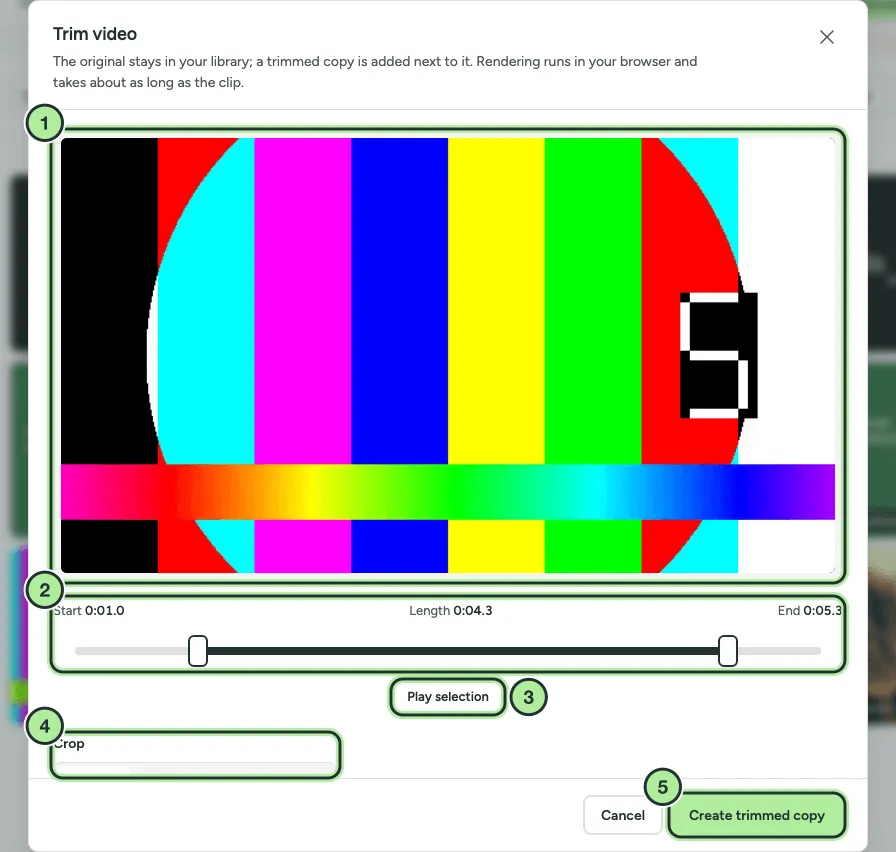 The Trim video dialog with the video preview, start and end handles, Play selection, Crop options and Create trimmed copy.
