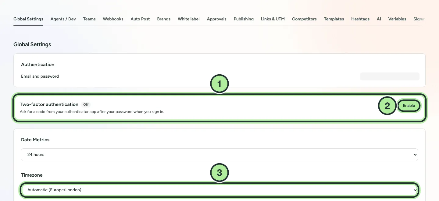 Settings, Global Settings tab with the Two-factor authentication card and its Enable button, and the timezone setting.