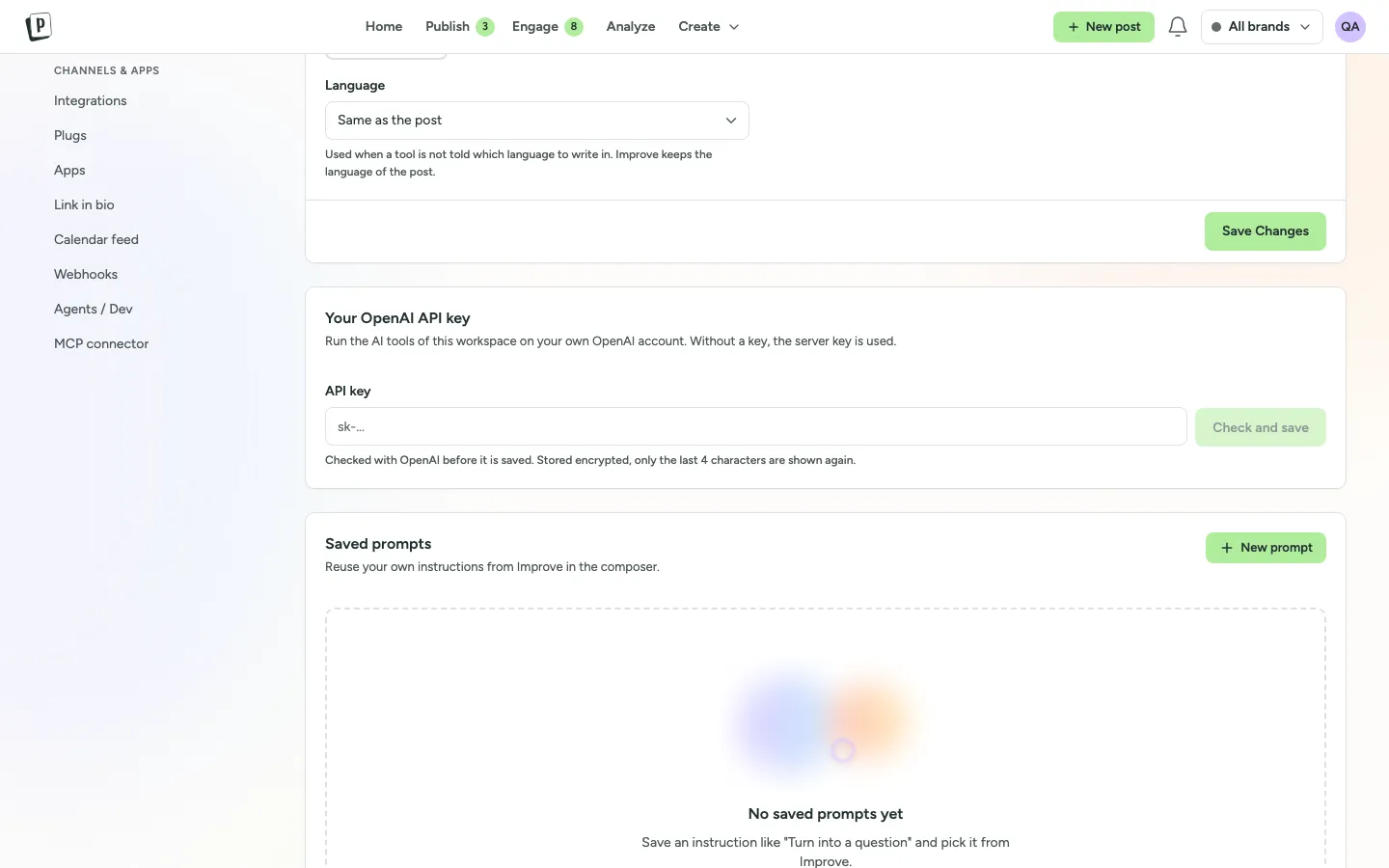 AI settings in PostNimbo with brand voice and API key