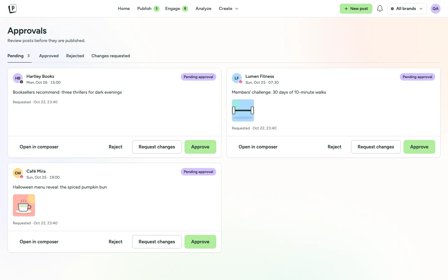 The PostNimbo approvals page with posts waiting for review