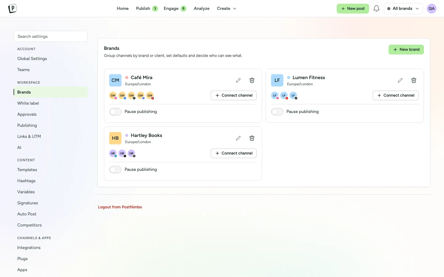 Brand settings in PostNimbo with channels grouped per brand