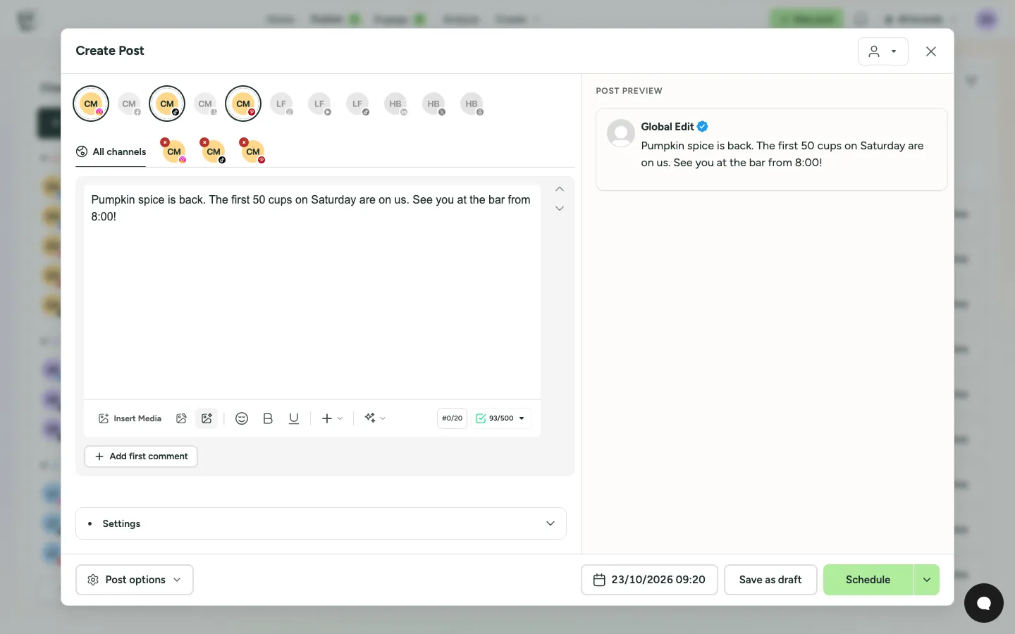 Per-network video settings in the PostNimbo composer
