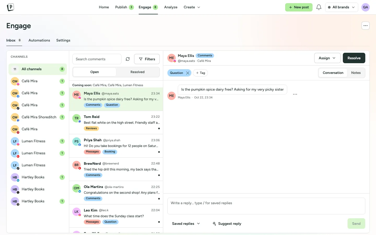 The PostNimbo inbox with comments from several networks