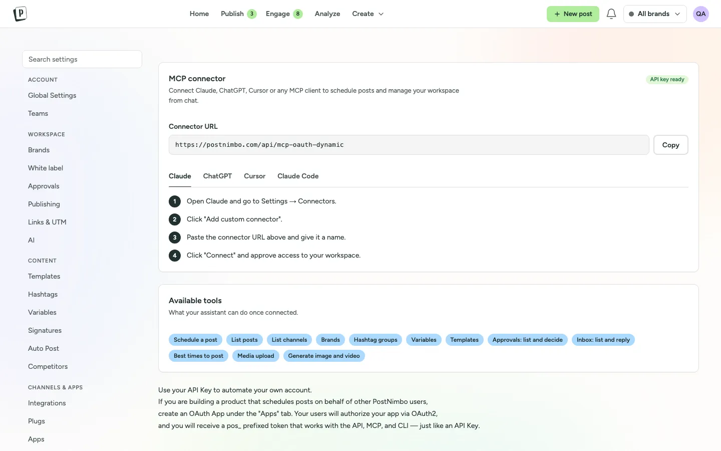 MCP connector settings in PostNimbo